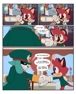 ambiguous_gender anthro chair dining_room dining_table duo embarrassed furniture gesture greeting handshake male awkward2eleven sega sonic_the_hedgehog_(series) the_murder_of_sonic_the_hedgehog barry_(sonic) conductor_(sonic) canid canine macropod mammal marsupial quokka absurd_res comic hi_res