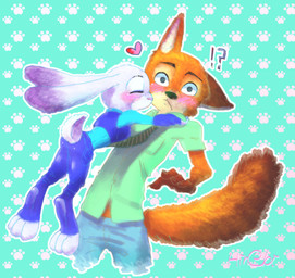 anthro blush clothing duo eyes_closed female fur gloves_(marking) hug interrobang long_ears male markings nuzzling orange_body orange_fur pattern_background police police_uniform predator/prey simple_background size_difference surprised uniform hyne_bi disney zootopia judy_hopps nick_wilde canid canine fox lagomorph leporid mammal rabbit red_fox true_fox 2016 absurd_res hi_res