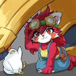 anthro backpack clothing eyewear eyewear_on_head female fur goggles goggles_on_head hair overalls overalls_only red_body red_eyes red_fur red_hair tail tools wrench gunfire_reborn iron_wing_(gunfire_reborn) nona_(gunfire_reborn) ailurid avian bird chicken galliform mammal phasianid red_panda 1:1