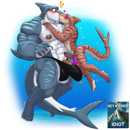 5_fingers 5_toes abs anthro areola barefoot big_penis blush bodily_fluids clothing deltoids duo erection exclamation_point feet feral fin fingers genital_fluids genitals gills glans head_fin heart_symbol humanoid_feet humanoid_genitalia humanoid_penis kissing larger_male male male/male muscular muscular_anthro muscular_male nipples penis penis_poking_out penis_size_difference pink_glans pink_penis plantigrade precum quads real size_difference smaller_male striped_body striped_skin stripes tail thong toes underwater underwear vein water dream_and_nightmare aquatic fish shark 1:1 2025 hi_res meme reference_image