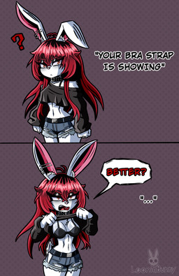 anthro belt black_bra black_clothing black_crop_top black_shirt black_topwear black_underwear bottomwear bra bra_strap breasts clothed clothing clothing_lift collar crop_top dialogue ear_piercing eyelashes eyeshadow female fur hair makeup navel piercing red_eyes red_hair scut_tail shirt shirt_lift short_tail shorts solo speech_bubble standing tail text topwear underwear white_body white_fur looniebunny bra_strap_showing_(meme) loonie_warren lagomorph leporid mammal rabbit 2026 absurd_res aliasing comic digital_media_(artwork) english_text hi_res meme signature