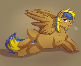 blonde_mane blue_mane blue_tail breath brown_body brown_feathers brown_wings feathered_wings feathers feral fur lying male mane multicolored_mane multicolored_tail on_side simple_background solo tail tan_body tan_fur tongue tongue_out wings yellow_tail ponsex hasbro my_little_pony mythology fan_character rack_redstar equid equine mammal mythological_creature mythological_equine pegasus 2015