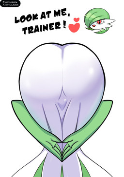 big_butt biped butt butt_focus clothed clothing dialogue eyelashes female heart_symbol not_furry pupils red_eyes simple_background smile solo text white_clothing wittlemoew nintendo pokemon praise_da_booty_(meme) gardevoir generation_3_pokemon pokemon_(species) hi_res
