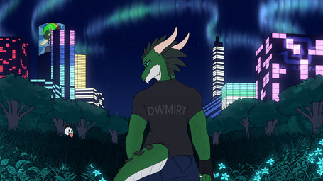 anthro aurora_(phenomenon) bottomwear building city city_lights clothing forest glowing_flower horn looking_at_viewer looking_back looking_back_at_viewer pants plant shirt skyscraper smile smiling_at_viewer solo_focus topwear tree jacqueling friendship_is_magic hasbro my_little_pony emerald_ink changeling_(mlp) lizard reptile scalie absurd_res hi_res