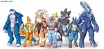 abs anthro anthrofied black_body black_fur blue_body blue_fur claws cosplay fin fur group male muscular paws pokemorph pose simple_background tail team_pose trainer yellow_body yellow_fur impious nintendo pokemon pokemon_trainer red_(pokemon) arcanine canid canine cetacean dialga felid floatzel generation_1_pokemon generation_3_pokemon generation_4_pokemon kyogre legendary_pokemon lucario luxray mammal marine pokemon_(species) 2010 hi_res