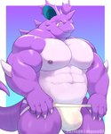 5:6 abs anthro biceps blush bulge claws clothed clothing generation_1_pokemon hi_res horn jockstrap jockstrap_only looking_back male muscular muscular_anthro muscular_male nidoking nintendo nipples o-ro pecs pokemon pokemon_(species) purple_body scalie smile solo teeth topless underwear underwear_only