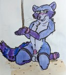 animal_genitalia anthro bdsm blue_body blue_fur blush bondage bound embarrassed fur genitals hands_tied male sheath simple_background solo submissive sushiotter_(artist) waffles_the_raccoon mammal procyonid raccoon 2021 hi_res traditional_media_(artwork)