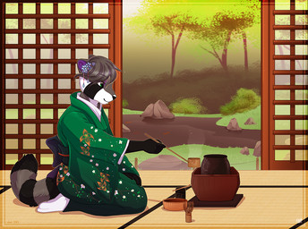 accessory anthro asian_clothing biped black_body black_fur bowl clothed clothed_anthro clothed_female clothing container detailed_background east_asian_clothing female female_anthro floral_print flower flower_in_hair fur grass green_clothing grey_body grey_fur hair hair_accessory haneri holding_object japanese_clothing kanzashi kimono kneeling markings obi plant ring_(marking) ringed_tail rock shoji shrub side_view solo striped_markings striped_tail stripes tail tail_markings tatami tea_ceremony tree etuix mammal procyonid raccoon 2015 dated signature