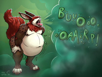 anthro belly big_belly bodily_fluids brown_body brown_fur burping covered_eyes digestion fat_belly fur male overweight red_body red_fur saliva saliva_on_mouth saliva_on_tongue solo vore_implied max_hyper bear hare hybrid lagomorph leporid mammal mephitid skunk 4:3 hi_res