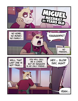 apron bored clothing coffee_shop counter dialogue duo fur green_apron green_clothing grey_body grey_fur head_on_hand inner_monologue inside looking_back male name_tag open_mouth piercing shirt speech_bubble tan_body tan_fur text text_box thinking three_frame_image tongue tongue_piercing topwear uniform yawn t0l0k ivan_(t0l0k) miguel_(t0l0k) herpestid mammal meerkat comic english_text hi_res multiple_scenes