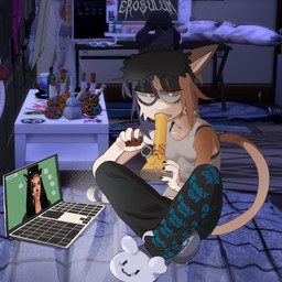 3d_background anthro bong clothed clothing detailed_background drugs female fingers fur furniture hair headgear headwear holding_object lighter looking_at_viewer marijuana open_mouth pajamas piercing smoking solo tail rottenrollz electronic_arts epic_games family_guy fortnite maxis_(ea) the_sims meow_skulls calico_cat domestic_cat felid feline felis mammal 1:1 3d_(artwork) digital_drawing_(artwork) digital_media_(artwork) hi_res mixed_media
