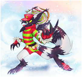 alternate_color anthro bell belt black_hair bottomwear christmas_clothing claws clothing dreadlocks fur hair hat headgear headwear holidays male medic_cross multicolored_body multicolored_fur multicolored_tail pawpads paws pseudo_hair red_nose scarf shorts snow solo sweater tail teeth tentacle_hair tentacles topwear kitcore christmas halley_labs lapfox_trax negaren canid canine fox hybrid mammal hi_res