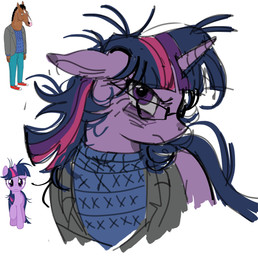 1_horn angry anthro biped black_eyes black_mane blue_bottomwear blue_clothing blue_pants blue_sweater blue_topwear bottomwear brown_body brown_fur clothing cosplay crossover_cosplay diamond_(marking) duo eyelashes eyewear female feral footwear frown fur glasses grey_clothing grey_suit highlights_(coloring) hooves horn looking_at_viewer male mane markings messy_mane multicolored_body multicolored_fur pants parody pink_highlights purple_body purple_eyes purple_fur purple_mane quadruped raised_hoof red_clothing red_footwear red_shoes shoes simple_background standing suit sweater topwear two_tone_body two_tone_fur unicorn_horn wearing_glasses white_background white_body white_fur white_sclera rrosadulce bojack_horseman friendship_is_magic hasbro my_little_pony mythology netflix bojack_horseman_(character) twilight_sparkle_(mlp) equid equine horse mammal mythological_creature mythological_equine pony unicorn 2026 colored crossover digital_drawing_(artwork) digital_media_(artwork) hi_res sketch