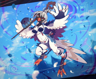 action_pose anthro barely_visible_genitalia beak black_body black_feathers blue_body blue_feathers braided_hair breasts chain claws clothing curvy_figure feathers feet female flying footwear genitals green_eyes hair happy heart_symbol holding_object holding_staff jewelry lidded_eyes magic_user midair midriff neck_tuft non-mammal_breasts open_mouth orange_beak ponytail pose ring shark_tooth_necklace small_waist smile solo spread_wings staff standing tail tail_feathers talons thick_thighs toe_claws toes translucent translucent_clothing tuft vulva white_body white_feathers white_hair wide_hips winged_arms wings haruneichi cissa_(idorrth) avian bird corvid magpie_(corvid) oscine passerine absurd_res digital_media_(artwork) full-length_portrait hi_res pinup portrait