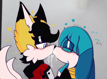 anthro bodily_fluids duo eyes_closed eyeshadow femboy floppy_ears flustered half-closed_eyes hand_on_shoulder heart_symbol kissing makeup making_out male moan narrowed_eyes saliva sloppy_kiss sound_effects justsomeidiotonline archie_comics idw_publishing sega sonic_the_hedgehog_(archie) sonic_the_hedgehog_(comics) sonic_the_hedgehog_(idw) sonic_the_hedgehog_(series) kitsunami_the_fennec miles_prower_(anti-tails) canid canine canis domestic_dog fennec_fox fox hybrid mammal red_fox true_fox hi_res story story_in_description