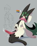 animal_genitalia animal_penis anthro bulge duo erection feline_genitalia feline_penis genitals green_body interspecies kneeling lgbt_pride male penile_spines penis pokephilia pride_colors question_mark dodudoru nintendo pokemon generation_9_pokemon human mammal meowscarada pokemon_(species) 2025 hi_res