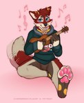 anthro blush bottomless clothed clothing collar featureless_crotch hoodie hoodie_only male musical_instrument musical_note musical_symbol pawpads simple_background sitting solo symbol tail tail_motion tailwag topwear topwear_only samaella jfet canid canine mammal 2022 hi_res