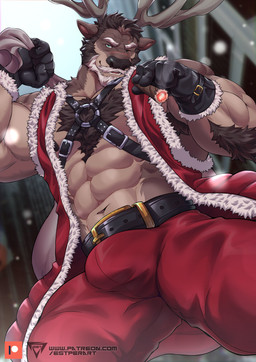 5_fingers abs anthro antlers arm_hair arm_tuft armpit_hair barazoku beard belt biceps biped black_clothing black_gloves black_handwear black_harness black_nose body_hair bottomwear brown_body brown_ears brown_fur brown_hair bulge chest_hair cigar city city_background clothed clothing coat costume countershade_face countershade_torso countershading dark_hair elbow_tuft eye_scar eyebrows facial_hair facial_scar fingers fur fur_lined_clothing gloves green_eyes grey_eyebrows grey_hair hair handwear harness harness_ring holding_cigar holding_object holding_sack holidays horn looking_at_viewer low-angle_view male manly mature_male multicolored_hair muscular muscular_anthro muscular_arms muscular_male mustache navel nipples one_eye_closed open_clothing open_coat open_mouth open_smile open_topwear open_vest outside pants patreon_logo pecs red_bottomwear red_clothing red_coat red_pants red_topwear sack santa_costume scar smile smoke smoking smoking_cigar snow solo teeth text tongue topwear triceps tuft two_tone_hair vest white_body white_fur white_hair wink estper christmas patreon rudolf_(estper) deer mammal new_world_deer reindeer 2022 absurd_res hi_res url
