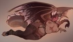 anthro belly belt big_breasts blush bodily_fluids bracelet breasts brown_body choker claws clothing ear_piercing female genitals horn jewelry lace lace_stockings legwear looking_at_viewer necklace nipple_piercing nipples nude piercing pussy ring smile solo stockings tail wide_hips wings rrevolight mythology wings_of_fire dragon mythological_creature mythological_scalie rainwing_(wof) reptile sandwing_(wof) scalie digital_media_(artwork)