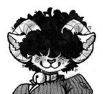 2_horns afro anthro bell bell_collar black_hair blush bodily_fluids closed_smile clothing collar curled_hair curled_horn female front_view fur grey_clothing hair horn mouth_closed pixelated simple_background smile sweat white_background white_body white_fur white_horn artemisarmada amelia_des_(artemisarmada) bovid mammal bust_portrait monochrome portrait