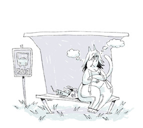 anthro bag bottomwear breasts bus_stop bus_stop_sign cleavage clothed clothed_anthro clothed_female clothing container cup female female_anthro grass hair mouth_closed pants plant sign sitting slightly_chubby slightly_chubby_anthro slightly_chubby_female snaggle_tooth solo text thick_thighs thought_bubble twistcmyk felid feline mammal 2025 digital_drawing_(artwork) digital_media_(artwork) hi_res