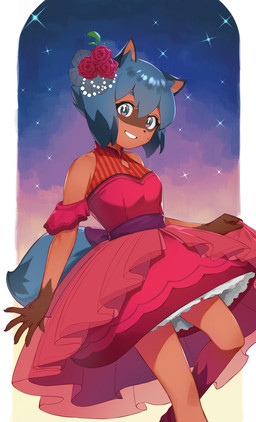 5_fingers accessory anthro blue_body blue_eyes blue_fur blue_hair brown_body brown_fur clothed clothing dress facial_markings female fingers flower flower_in_hair fluffy fluffy_tail fur gloves_(marking) hair hair_accessory happy head_markings leg_markings looking_at_viewer markings mask_(marking) plant short_hair smile socks_(marking) solo star tail lizzy_imo brand_new_animal studio_trigger michiru_kagemori canid canine mammal raccoon_dog tanuki 2020 hi_res