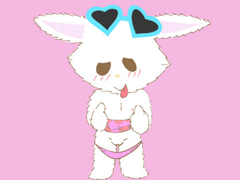 anthro blush blush_lines chibi clothing eyewear eyewear_on_head female front_view fur genitals loli looking_at_viewer nipples nude pink_nipples simple_background smile solo standing sunglasses sunglasses_on_head tongue tongue_out underwear vulva white_body white_fur young young_anthro young_female koredex sanrio wish_me_mell mell lagomorph leporid mammal rabbit 4:3 digital_media_(artwork) hi_res portrait three-quarter_portrait