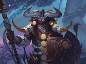 anthro armor brown_body chain front_view holding_melee_weapon holding_object holding_polearm holding_shield holding_spear holding_weapon horn looking_at_viewer male melee_weapon muscular night outside polearm shield solo spear star weapon steve_prescott hasbro magic:_the_gathering wizards_of_the_coast bovid mammal official_art