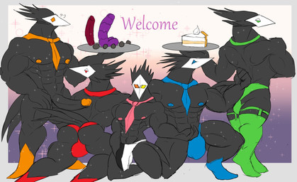 abs anal_beads anthro balls black_body blue_clothing blue_nipples blue_thong blue_underwear bodily_fluids border bulge butt cake clothing dessert dildo erection food genitals gradient_background green_clothing green_legwear group holding_object holding_plate humanoid_genitalia humanoid_penis kneeling legwear male mask muscular muscular_anthro muscular_male necktie nipples orange_nipples pecs penis pink_nipples plate purple_background red_clothing red_thong red_underwear sex_toy simple_background sparkles standing text thick_thighs thong underwear white_background white_border daikuhiroshiama deltarune undertale_(series) swatch_(deltarune) avian darkner swatchling 2021 english_text hi_res