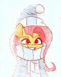 blue_clothing blue_eyes blue_hat blue_headwear clothing female hair hat headgear headwear pink_hair scarf smile snow snowing solo sweater teeth topwear winter_hat yellow_body fluttershythekind friendship_is_magic hasbro my_little_pony fluttershy_(mlp) equid equine horse mammal pony 2019 4:5 hi_res