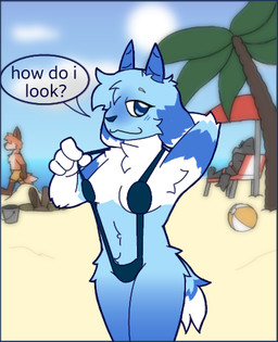 ambiguous_gender anthro arm_tuft armpit_tuft ball beach beach_ball bikini blue_body blue_eyes blue_fur blue_horn bucket chest_tuft clothing clothing_pull container dialogue digging elbow_tuft eyebrows eyelashes female fur group hand_behind_head hole_(pit) horn inflatable male multicolored_body multicolored_fur palm_tree plant standing swimwear talking_to_viewer teasing teasing_viewer text tree tuft two-piece_swimsuit waist_tuft white_body white_fur darli_buni bovid canid canine canis caprine fox goat lagomorph leporid mammal rabbit wolf english_text low_res
