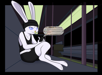 anthro athletic big_ears blue_eyes bus clothing commercial_vehicle dialogue electronics facial_piercing fur legwear looking_down male nose_piercing nose_ring paws phone piercing rabbit_ears ring_piercing shirt sitting smile solo tank_top texting tights topwear vehicle white_body white_fur villegreen lagomorph leporid mammal rabbit meme