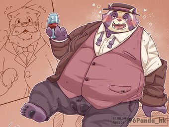 anthro beard belly big_belly blush bodily_fluids bottomwear bow_tie bulge clothing drunk duo eyewear facial_hair glasses hat headgear headwear kemono male male/male mature_male mustache overweight overweight_male pants purple_body shirt sitting substance_intoxication sweat topwear 96panda wilbur_&_harold mammal mustelid musteline procyonid raccoon true_musteline weasel 2026
