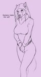 anthro big_breasts bottomwear breasts clothing dialogue female hair looking_at_viewer pants purple_and_black shirt simple_background smile solo text topwear lord_magicpants canid canine canis domestic_dog mammal 2022 english_text hi_res monochrome