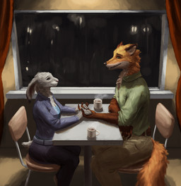 anthro beverage coffee coffee_mug date duo fanfiction female hand_holding interspecies interspecies_romance male overhead_lighting romantic romantic_couple esmond_(artist) disney zootopia judy_hopps nick_wilde canid canine european_rabbit fox lagomorph leporid mammal oryctolagus rabbit red_fox true_fox colored detailed digital_media_(artwork) digital_painting_(artwork) hi_res painting_(artwork)