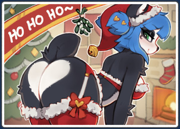anthro belly bottomless butt butt_heart christmas_clothing christmas_headwear christmas_tree clothed clothing female fireplace garter_belt garter_straps greeting_card hat headgear headwear holidays inside legwear looking_at_viewer looking_back mistletoe plant rear_view santa_hat smile solo thigh_highs tree waspsalad christmas nuwa_nightstone bear giant_panda mammal 2025 hi_res
