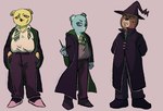 2023 anthro azulin_(unicorn_wars) bear blue_body blue_eyes bottomwear brown_body clothed clothing dazs_gk grimaldo_(unicorn_wars) group harry_potter_(series) hat headgear headwear hi_res hogwarts_uniform mammal necktie pants sargento_caricias scar school_uniform shirt simple_background slightly_chubby slytherin topwear unicorn_wars uniform yellow_body