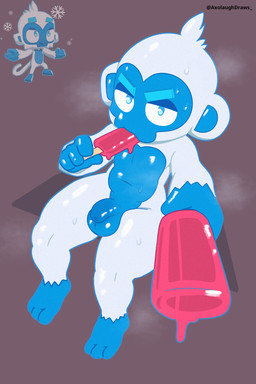 anthro balls bodily_fluids countershade_face countershade_torso countershading dessert eyebrows femboy flaccid food fur genital_fluids genitals ice_cream looking_at_viewer looking_back looking_back_at_viewer male nipples nude penis popsicle precum simple_background solo standing sweat thick_eyebrows white_background white_body axolaugh bloons_tower_defense ninja_kiwi ice_monkey_(bloons) haplorhine mammal monkey primate 2026 2:3 hi_res