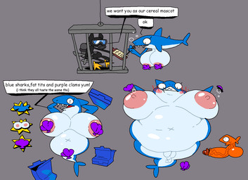 ambiguous_gender anthro anus areola balls belly big_balls big_belly big_breasts big_butt big_penis black_bodysuit black_clothing black_eyes black_skinsuit blue_body blue_fin blue_nose blue_tail blush blush_lines bodily_fluids bodysuit bra breasts butt cage cereal cereal_box cereal_mascot clipboard clothed clothing contract diving_mask exclamation_point eyelashes eyewear female fin food genitals gloves goggles grey_background grey_clothing grey_gloves grey_handwear group hands_behind_head hands_behind_own_head handwear holding_object holding_pen huge_balls huge_breasts huge_penis legless looking_at_another looking_at_self male mask multicolored_body navel nipples nude obese obese_female open_mouth orange_body overweight overweight_female oxygen_tank pen penis pink_areola pink_nipples scuba scuba_gear seashell_bra shark_fin sharp_teeth shell simple_background skinsuit solo_focus speech_bubble surprised tail teeth text thick_thighs tight_clothing tongue two_tone_body underwear vein veiny_penis vulva weight_gain white_body wide_hips x_anus x_navel superiorfox munchies_(superiorfox) fish mammal marine shark 2025 colored digital_drawing_(artwork) digital_media_(artwork) english_text flat_colors multiple_images shaded
