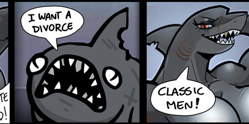 3_panel_comic anthro athletic athletic_anthro athletic_female biceps big_breasts breasts dialogue duo fangs female feral fin gills grey_body grey_skin huge_breasts humor male open_mouth open_smile red_eyes scar slim_anthro slim_female small_waist smile speech_bubble talking_to_another teeth text triceps mister_feelgood mewgenics daddy_shark_(mewgenics) aquatic fish shark 2026 absurd_res comic english_text hi_res