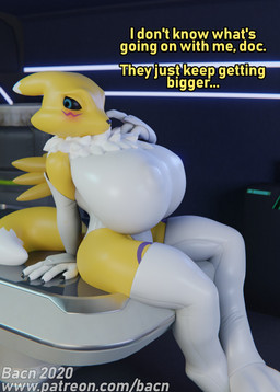 anthro big_breasts blush breast_expansion breasts clothing detailed_background expansion female growth huge_breasts hyper hyper_breasts latex leotard nipple_outline sitting solo text bacn bandai_namco digimon canid canine digimon_(species) fox mammal renamon 3d_(artwork) digital_media_(artwork) hi_res url