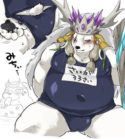 anthro blush blush_lines bodily_fluids bulge butt clothing fur male moobs navel_outline obese overweight overweight_male scratching solo sweat underwear white_body white_fur sa_ba_can crushfang_(sdorica_sunset) bear mammal polar_bear ursine