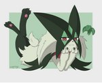 ambiguous_gender anthro fangs feet fur green_body green_fur hand_on_face looking_at_viewer lying on_front pawpads paws red_eyes smile soles solo tail teeth toes gooeythings nintendo pokemon generation_9_pokemon meowscarada pokemon_(species) hi_res