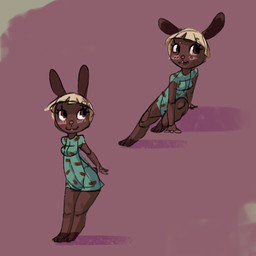 anthro blonde_hair blush breasts brown_body brown_eyes brown_fur clothed clothing female fur hair looking_aside shirt simple_background smile solo topwear erijt animal_crossing nintendo bonbon_(animal_crossing) lagomorph leporid mammal rabbit 2015