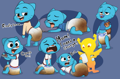 ageplay anthro bedding blanket blue_body blue_fur clothed clothed_anthro clothed_male clothing controller diaper diaper_change diaper_fetish duo feces female full_diaper fur game_controller infantilism male male/female male_anthro object_in_mouth pacifier pacifier_in_mouth plushie roleplay shirt soiled soiled_diaper soiling solo t-shirt teddy_bear text topwear unclean_diaper used_diaper wearing_diaper young young_anthro young_female young_male baltnwolf cartoon_network the_amazing_world_of_gumball gumball_watterson penny_fitzgerald domestic_cat felid feline felis mammal 2024 digital_media_(artwork) english_text multiple_images