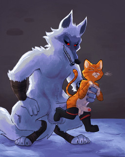abdominal_bulge anal anal_penetration anthro arm_wrapping arm_wraps balls bite biting_lip biting_own_lip boots cheek_tuft clothing crouching dangling dangling_legs dominant duo erection eyebrows eyes_closed facial_markings facial_tuft fleshlight_position fluffy fluffy_tail footwear from_behind_position fur fuzzy genitals grey_body grey_fur grin half-closed_eyes hand_held hand_on_leg handheld head_markings holding_another holding_partner humanoid_genitalia humanoid_penis in_hand larger_dom leg_wrap leg_wraps looking_at_another looking_at_partner looking_pleasured male male/male male_penetrated male_penetrating male_penetrating_male markings mask_(marking) mostly_nude narrowed_eyes neck_tuft nude orange_body penetration penis red_eyes self_bite sex sharp_teeth shoes size_difference smaller_penetrated smile tail teeth tuft vein veiny_penis whiskers wrapped_arms wrapped_legs wraps sexylinguini dreamworks puss_in_boots_(franchise) death_(puss_in_boots) puss_in_boots_(dreamworks) canid canine canis domestic_cat felid feline felis mammal tabby_cat wolf 4:5 hi_res