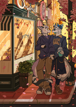 2_horns anthro bottomwear bracelet cherry_blossom city clothing container cup duo flower footwear fur hand_holding holding_container holding_cup holding_object horn jewelry long_sleeve_shirt male male/male necklace outside oversized_bottomwear oversized_clothing oversized_shirt oversized_shorts oversized_topwear plant prunus_(flower) shirt shoes shorts sidewalk slushie smile sneakers sticker stickers_on_object street_lamp text text_on_clothing text_on_shirt text_on_topwear topwear walking washington_dc mintcashew mythology canid canine canis dragon furred_dragon furred_scalie mammal mythological_creature mythological_scalie scalie wolf hi_res