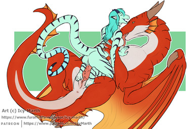 anthro breast_lick breast_play breasts female feral genitals knot licking male male/female penetration penis size_difference tongue vaginal vaginal_penetration vulva icy-marth mythology dragon lizard mythological_creature mythological_scalie reptile scalie