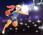 2021 3_toes anthro ball barefoot basketball_(ball) basketball_uniform blonde_hair blue_eyes buckteeth clothed clothing digital_media_(artwork) feet female galacticmichi hair lagomorph leporid lola_bunny looney_tunes mammal open_mouth rabbit solo sportswear teeth text toes uniform url warner_brothers