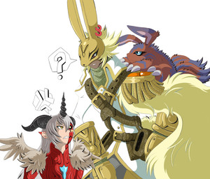 angry armor blonde_hair cape clothing ear_piercing ear_ring feral group hair headgear helmet horn knight male mask piercing ring_piercing trio warrior white_hair wings portugueselynx bandai_namco digimon aegiochusmon diarbbitmon digimon_(species) elecmon humanoid hi_res
